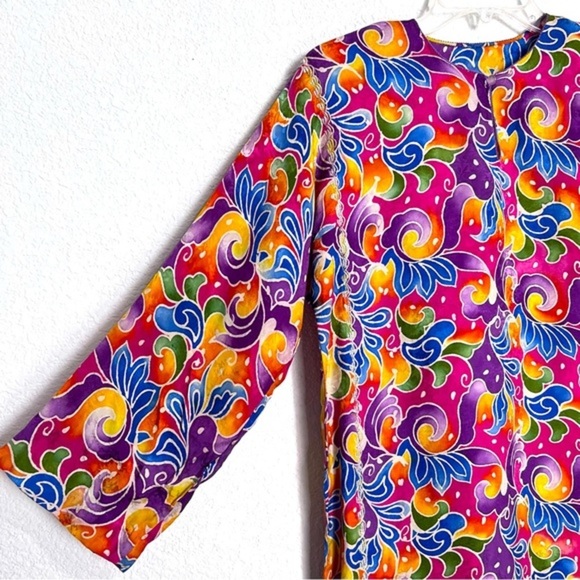 Handcrafted Vintage Silk Brocade Multi Color Boho Indie Shift Dress Cover Up M - Picture 5 of 13